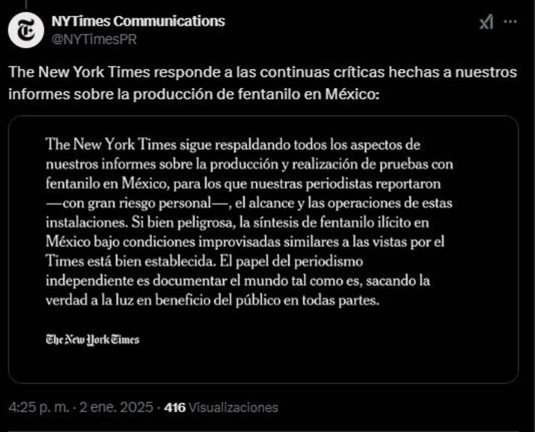 Reacción de New York Times sobre críticas a reportaje sobre producción de fentanilo 2 de enero 2025/ Captura de pantalla