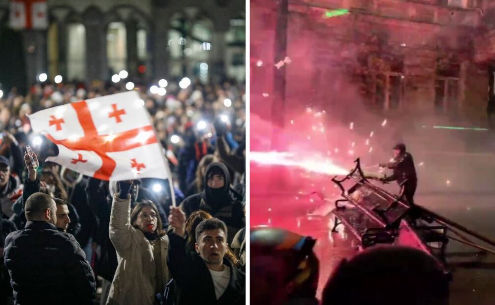 El pasado 30 de noviembre, un manifestante en Georgia enfrentó cañones de agua con una "metralleta" de pirotecnia. Foto: AFP/Especial