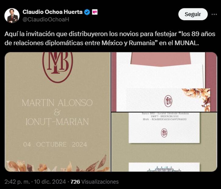 El periodista Claudio Ochoa Huerta compartió este 10 de diciembre, en su cuenta de X, la invitación de la boda de Martín Alonso Borrego. Foto: Captura de la cuenta de X de @ClaudioOchoaH