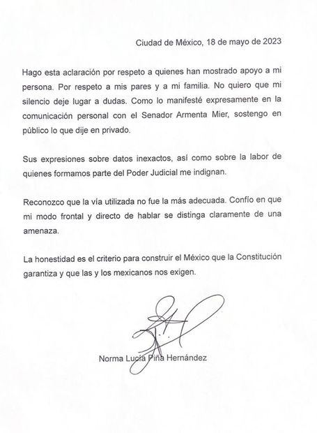 Presidenta de la Corte, Norma Lucía Piña confirma a través de una carta el envío de chats al presidente de la Mesa Directiva, Alejandro Armenta. Foto: Especial